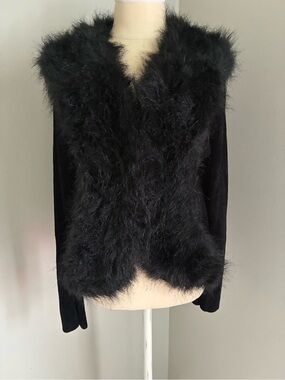 Y2K 90s Vintage Faux Fur Statement Collar Black Cardigan Sweater Large